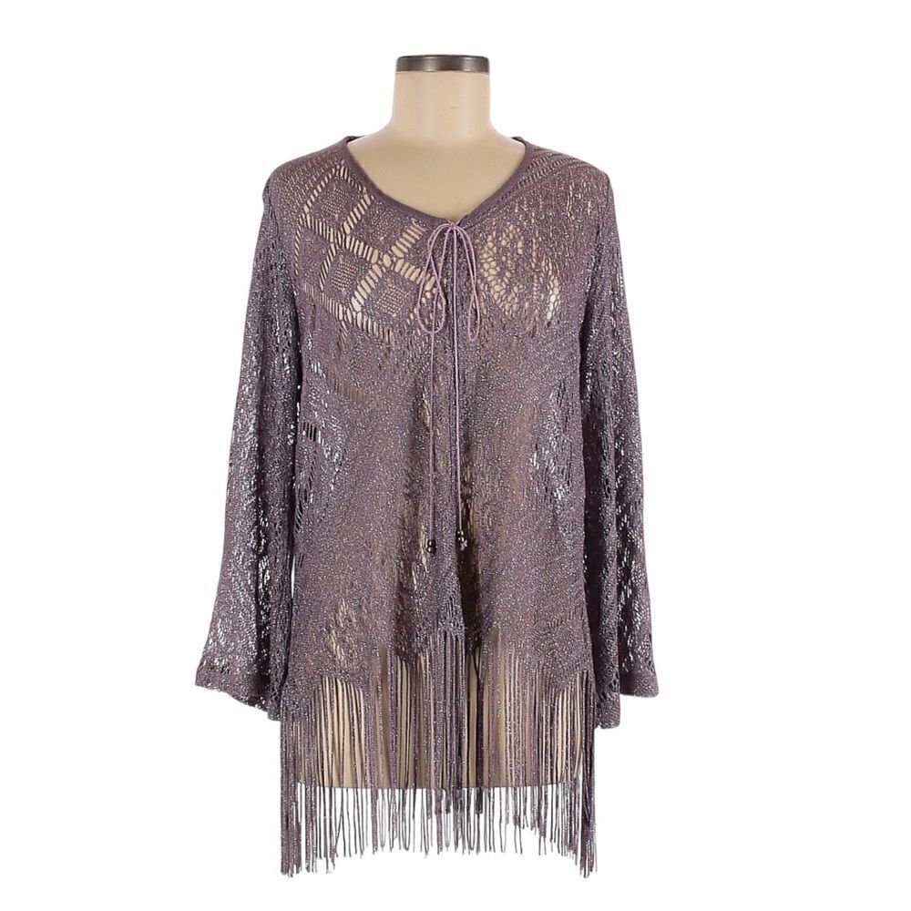 Vintage Isabel LA by Shawn Metallic Lilac Open Knit Fringe Poncho Sweater L